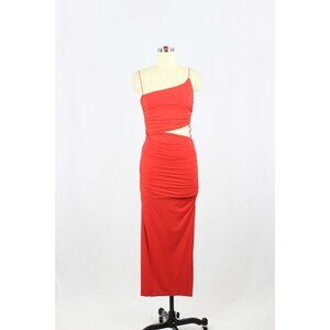 NWT ZARA Red Jersey Asymmetrical One Shoulder Cut-Out Ruched Midi Dress, Size S